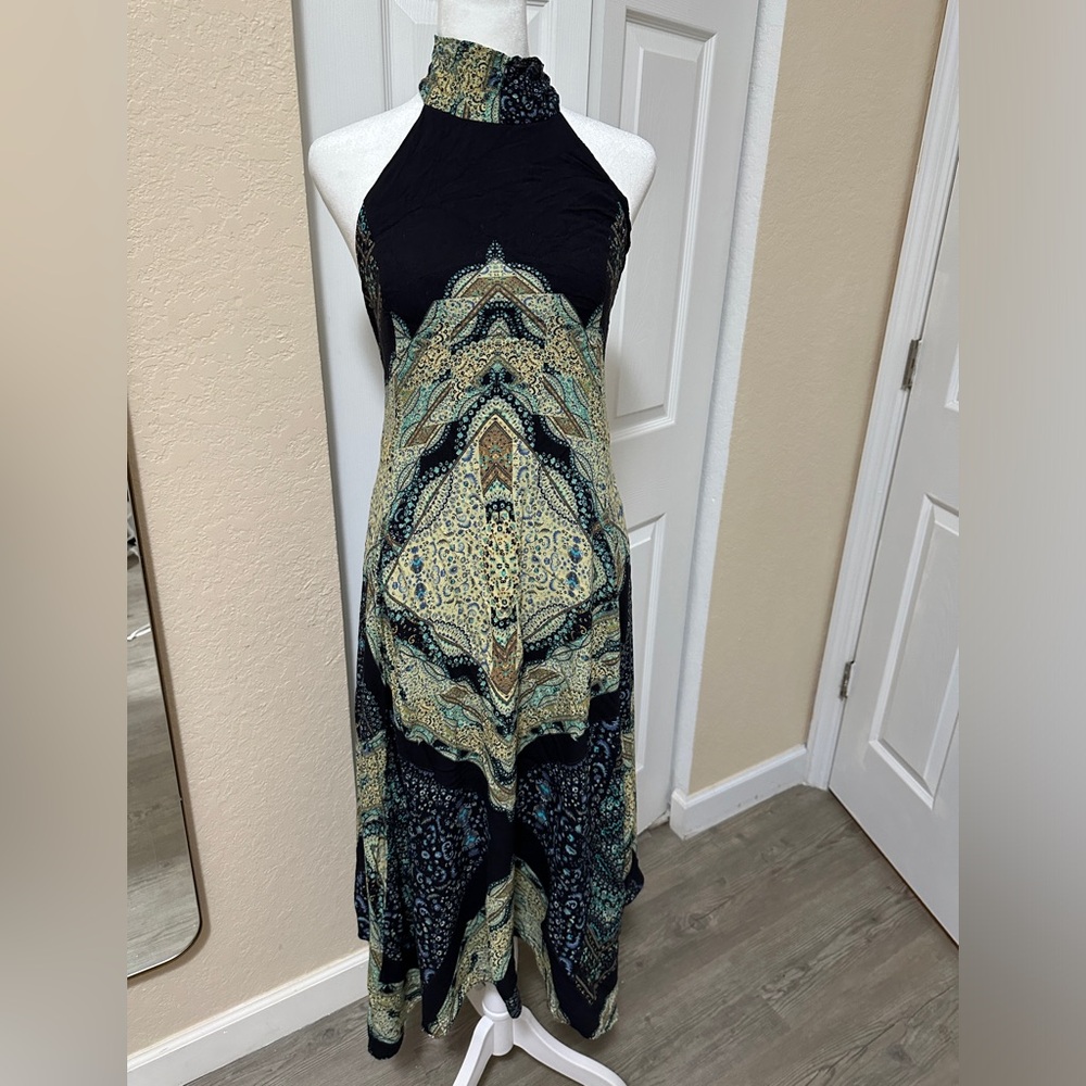 Free people Black and Green Patterned Maxi Dress mock neck